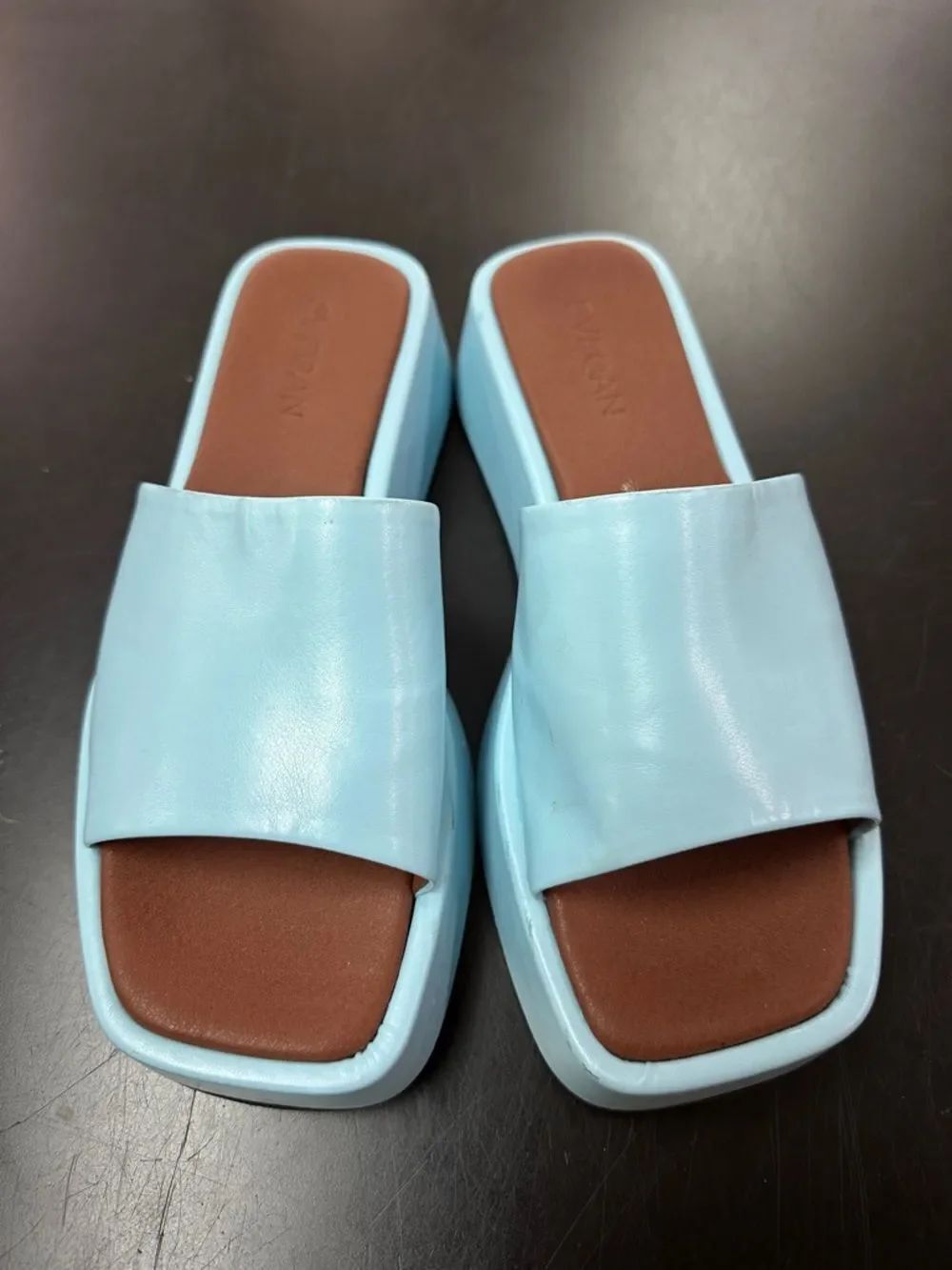 Women’s Light Blue Slide Mules with Brown Footbed